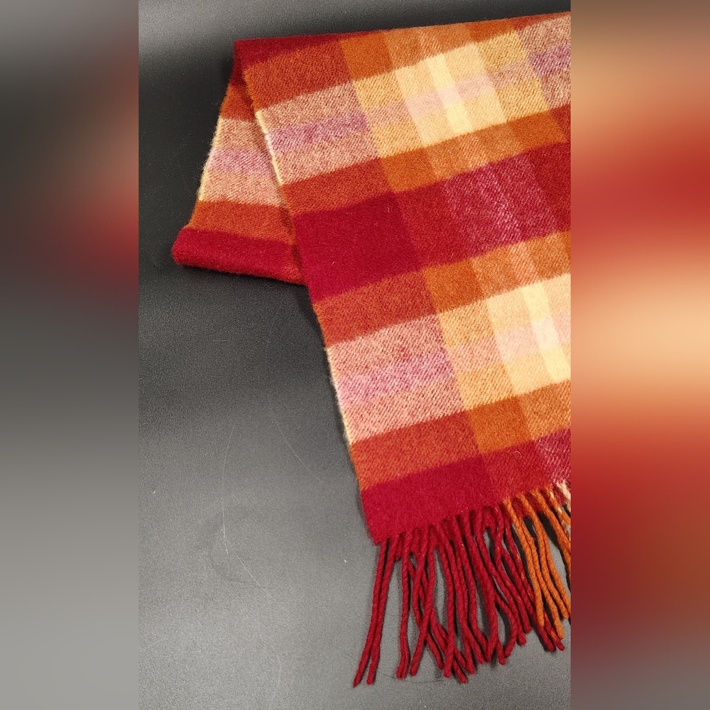 Checked Fringe Scarf in Red and Orange Men's Womens Unisex - Picture 4 of 10